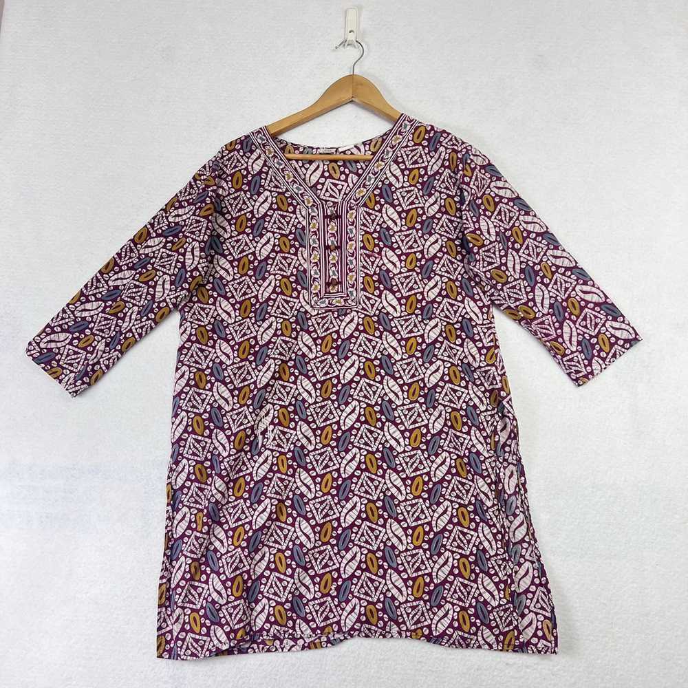 Tunic Kurta Kaftan Womens XXL Red Ikat Pattern Slits Long Hippie India Cotton